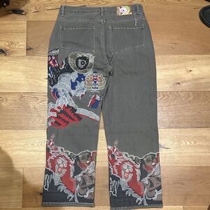 Men’s baggy XL Gray Jeans with Colorful Side Embroidery